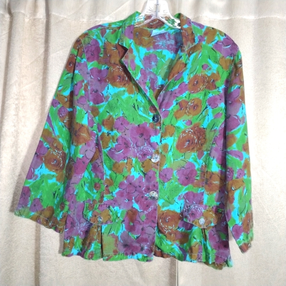Vintage Click Color Me Cotton 100% Linen Floral Blazer Mother of Pearl B…